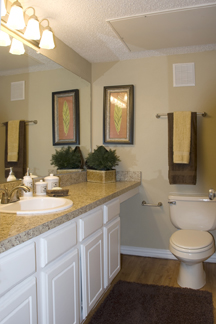 Laurel Ridge Bathroom remodeling creates an inviting atmosphere with refacing using raised-panel cabinets and vanity drawers and granite-style countertop.